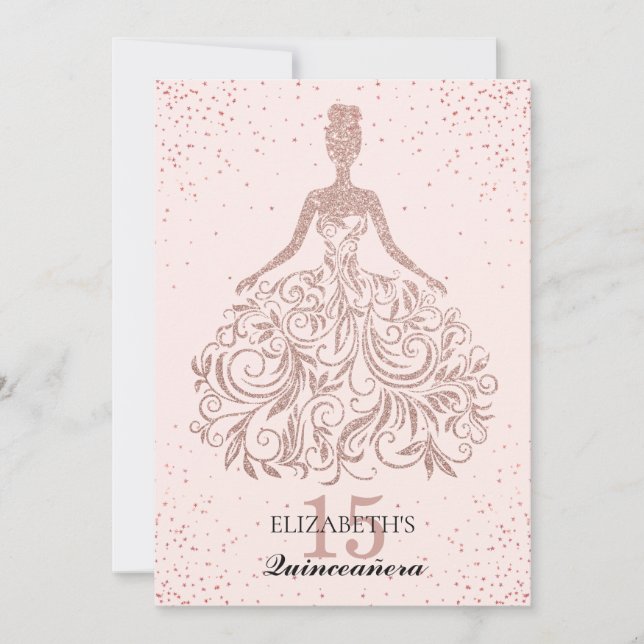 Invitación Rosa Dorado Sparkle Vestido Quinceañera Purpurina  (Anverso)