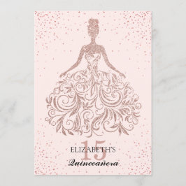 Invitación Rosa Dorado Sparkle Vestido Quinceañera Purpurina 
