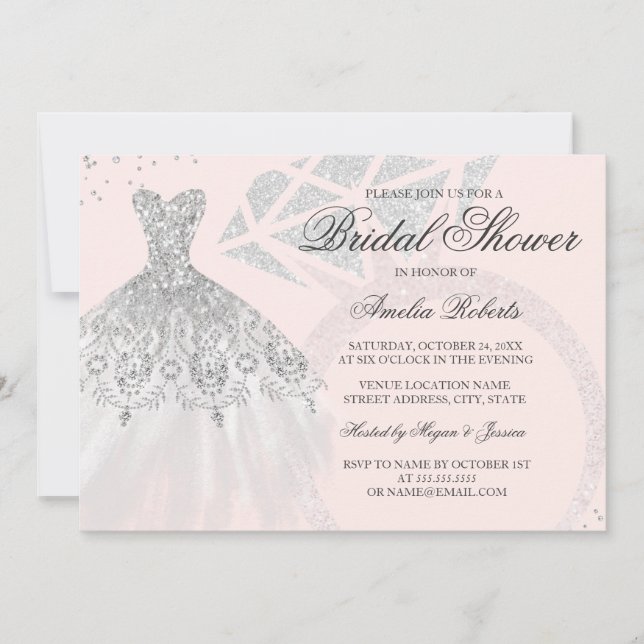 Invitación Rosa Dorado Sparkle Vestido Ring Bridal Shower (Anverso)