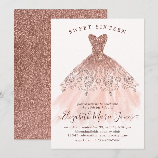 Invitación Rosa Dorado Sparkle Vestido Rosa Dulce 16 cumpleañ (Anverso / Reverso)