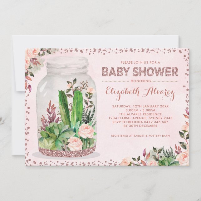Invitación Rosa Dorado Terrario Baby Shower Cactus Floral ros (Anverso)