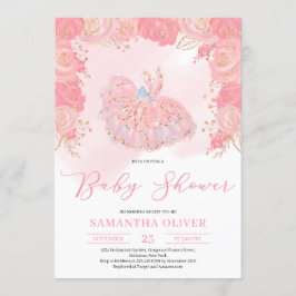 Invitación Rosa dorado tutu vestido negro floral Baby Shower
