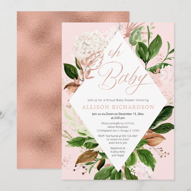 Invitación Rosa dorado vegetación floral Virtual Baby Shower  (Anverso / Reverso)