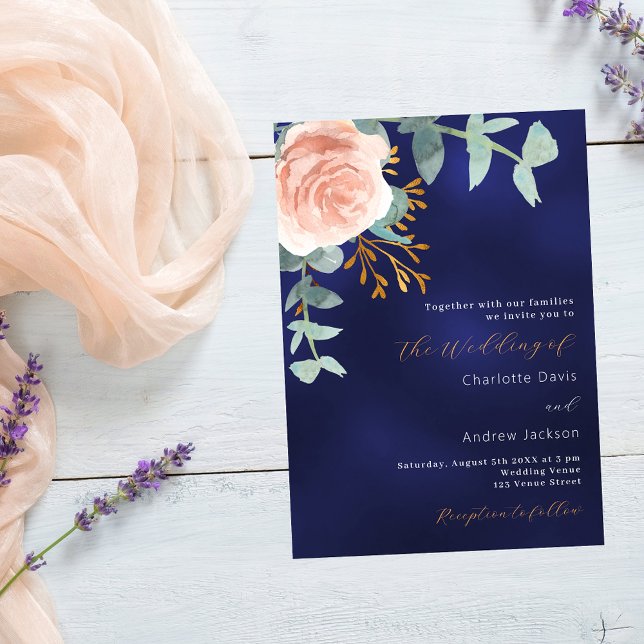 Invitación Rosa dorado verde boda azul marino de lujo (Subido por el creador)