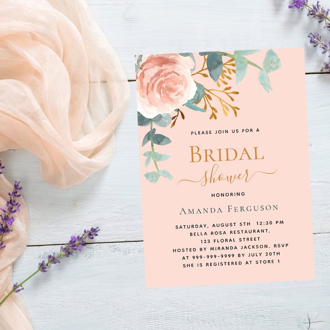 Invitación Rosa dorado verde melocotón lujo Bridal Shower (Subido por el creador)