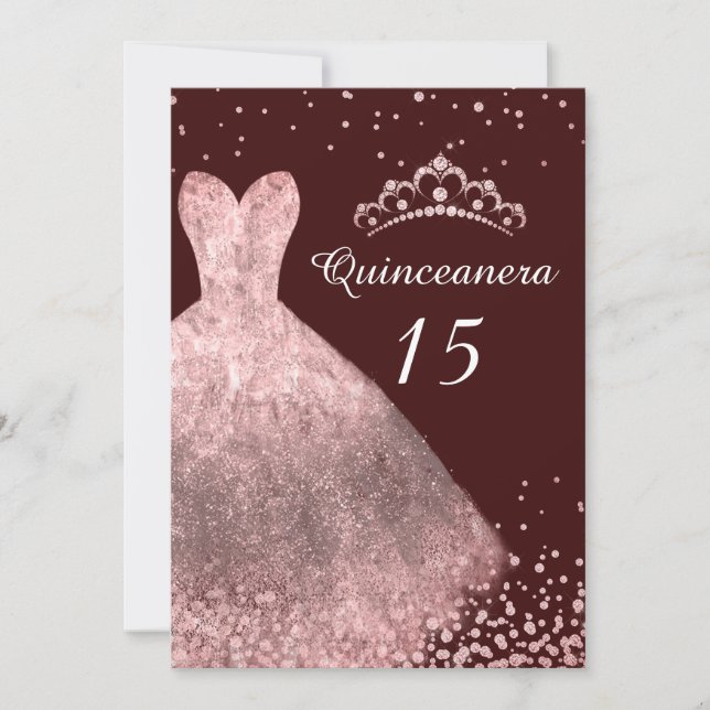 Invitación Rosa Dorado Vestido Borgoña Quinceanera Fiesta 15 (Anverso)