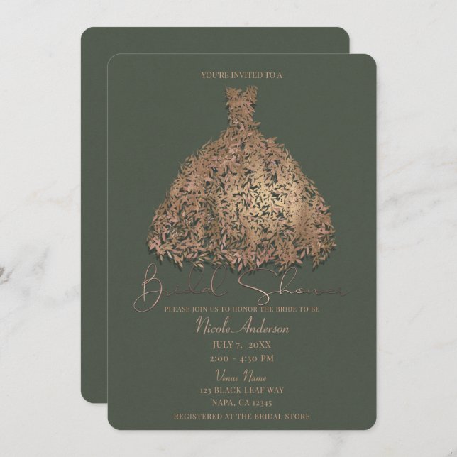 Invitación Rosa Dorado Vestido Botánico Verde Ducha Nodal (Anverso / Reverso)