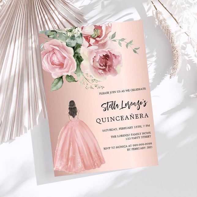 Invitación Rosa dorado vestido de flores rosadas Quinceanera (Subido por el creador)