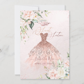 Invitación Rosa Dorado Vestido Dulce 16 Flores de color agua
