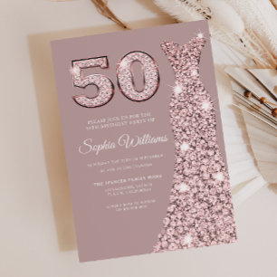 Invitación Rosa Dorado Vestido Dusty Rosa 50 cumpleaños