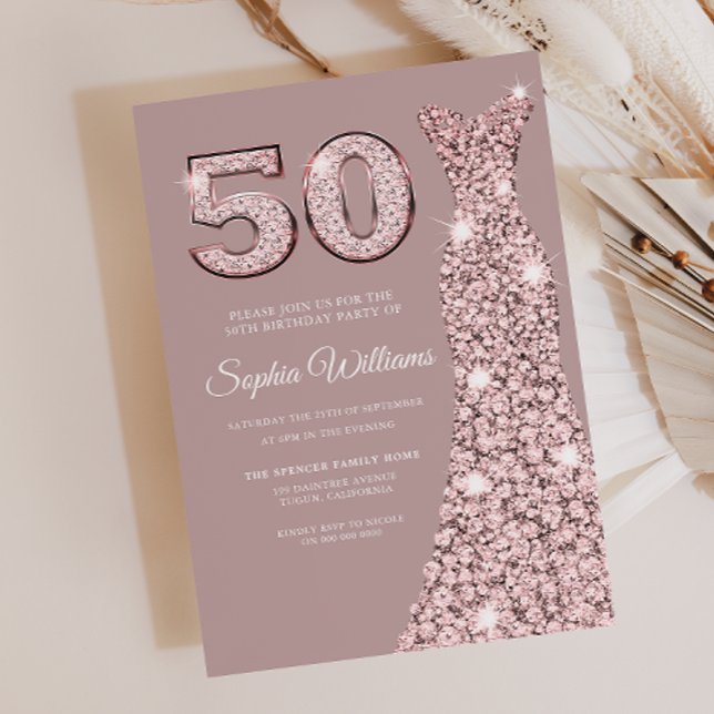 Invitación Rosa Dorado Vestido Dusty Rosa 50 cumpleaños (Subido por el creador)
