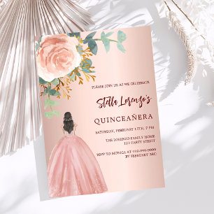 Invitación Rosa dorado vestido floral lujo Quinceanera