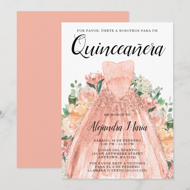 Invitación Rosa Dorado Vestido Floral Quinceanera Español (Anverso / Reverso)