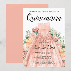Invitación Rosa Dorado Vestido Floral Quinceanera Español