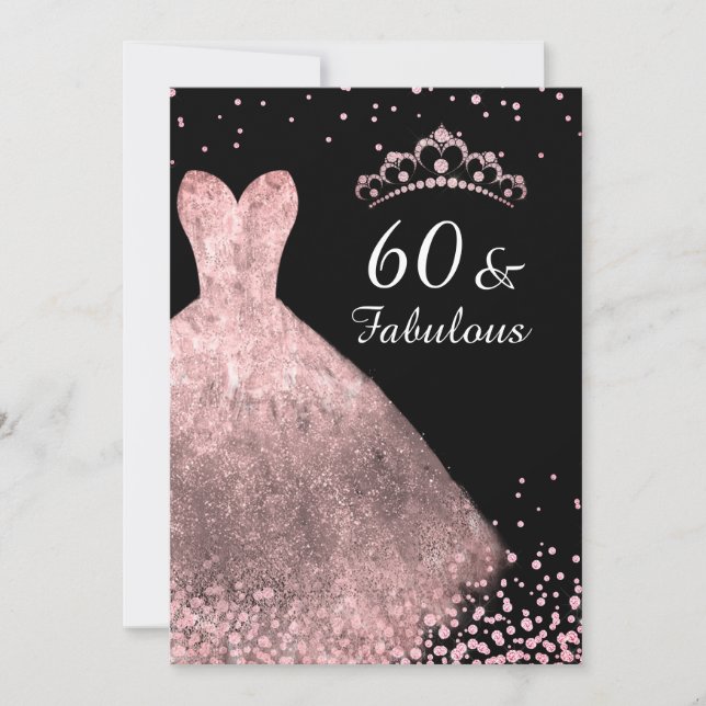 Invitación Rosa Dorado Vestido Negro 60 y fabuloso cumpleaños (Anverso)