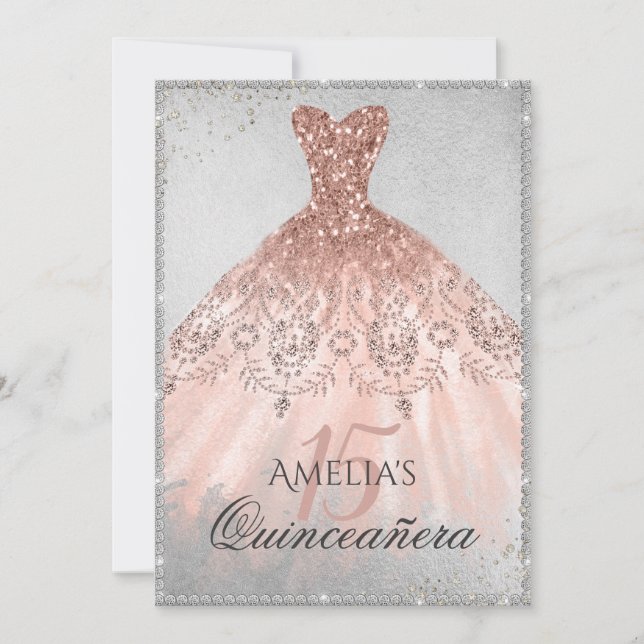 Invitación Rosa Dorado Vestido Plata Sparkle 15 Quinceanera (Anverso)