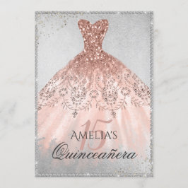 Invitación Rosa Dorado Vestido Plata Sparkle 15 Quinceanera