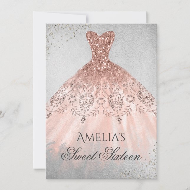 Invitación Rosa Dorado Vestido Plata Sparkle Dulce Dieciséis (Anverso)