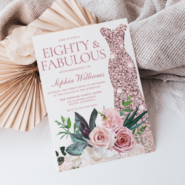 Invitación Rosa Dorado Vestido Rubor Floral 80 cumpleaños (Subido por el creador)