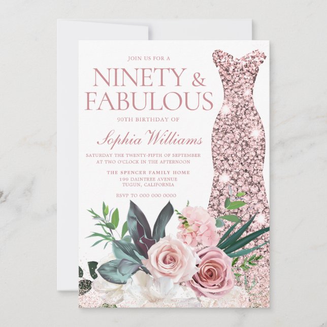 Invitación Rosa Dorado Vestido Rubor Floral 90 cumpleaños fie (Anverso)