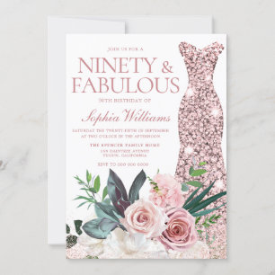 Invitación Rosa Dorado Vestido Rubor Floral 90 cumpleaños fie