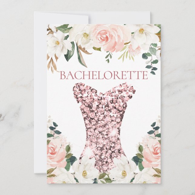 Invitación Rosa Dorado Vestido Rubor Floral Bachelorette Part (Anverso)