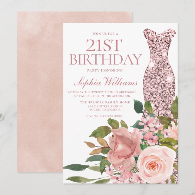 Invitación Rosa Dorado Vestido Rubor Flores rosadas 21 cumple (Anverso / Reverso)