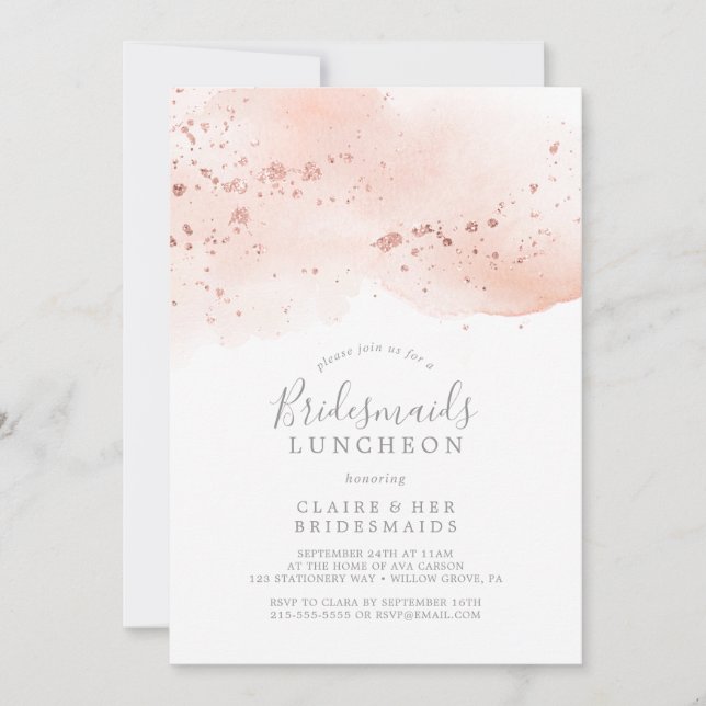 Invitación Rosa Dorado Watercolor Bridesmaids Luncheon (Anverso)