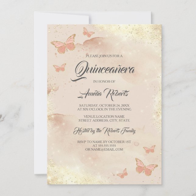 Invitación Rosa Dorado Watercolor Mariposa Vestido Quinceaner (Anverso)