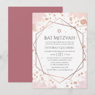 Invitación Rosa Dorado y Beige Geométrico Bat Mitzvah