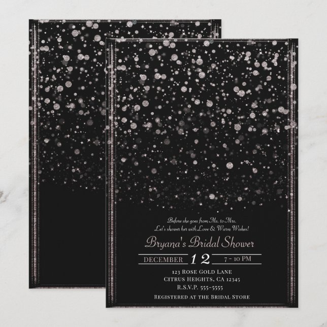 Invitación Rosa Dorado y Black Confetti Splatter Bridal Showe (Anverso / Reverso)
