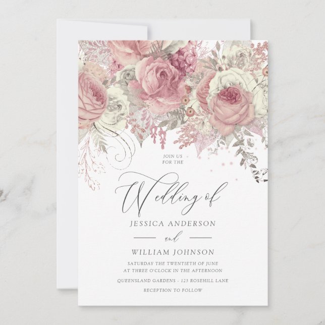 Invitación Rosa dorado y Boda floral encantado de Rubor (Anverso)