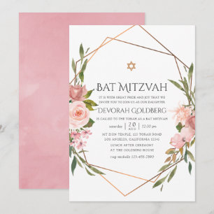 Invitación Rosa dorado y floral rosa Blush Bat Mitzvah