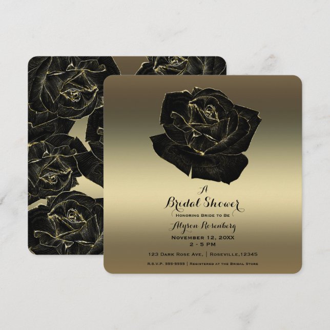 Invitación Rosa dorado y negro elegante ducha de novia (Anverso / Reverso)