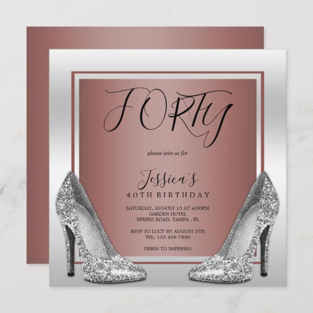 Invitación Rosa Dorado y Plata Stilettos 40 cumpleaños (Anverso / Reverso)
