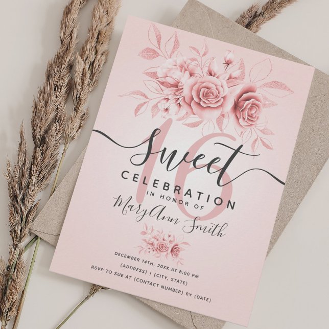 Invitación Rosa Dorado y Rosa Rubor Fab Purpurina Floral Dulc (Rose Gold & Pink Blush Fab Floral Glitter Sweet 16 Invitation)