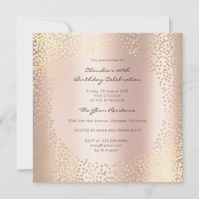 Invitación Rosa Dots de oro Confetti Champaigne Cumpleaños 16 (Anverso)