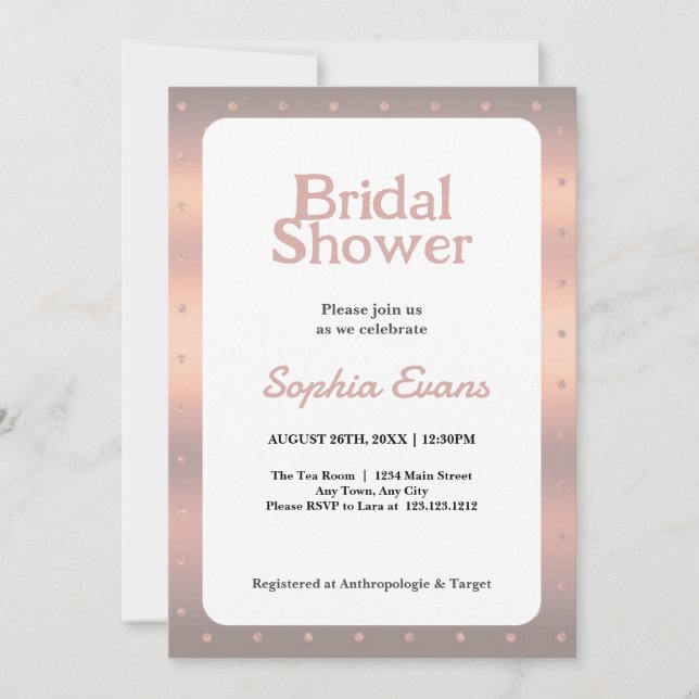 Invitación Rosa Dots Gold Polka Border Bridal Shower (Anverso)