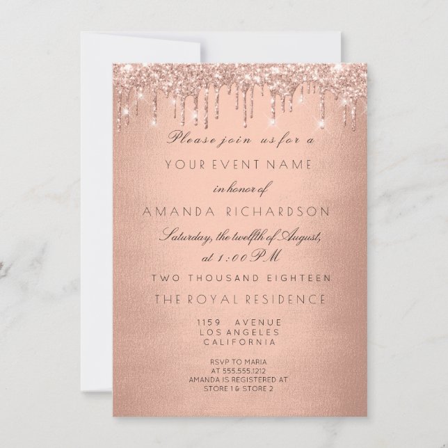 Invitación Rosa Drips Purpurina Real de Oro 16ª Ducha Bridal (Anverso)