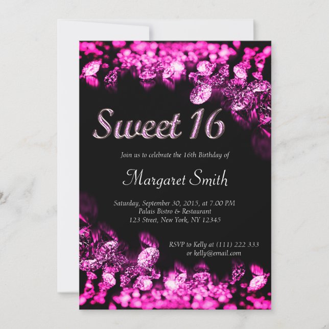 Invitación rosa dulce 16 diamantes (Anverso)