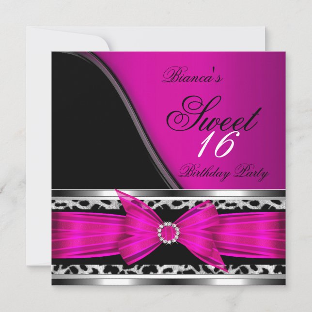 Invitación Rosa Dulce 16 Dulce Dieciséis Leopardo Negro (Anverso)
