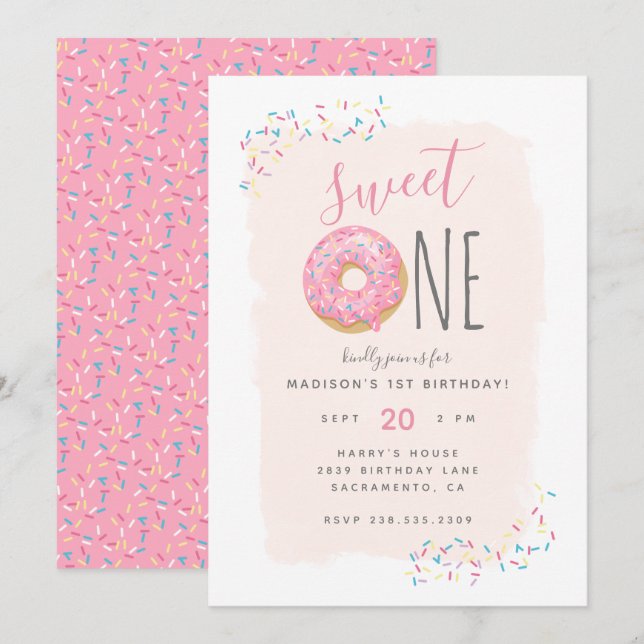 Invitación Rosa | Dulce de anillos rosados Dulce primer cumpl (Anverso / Reverso)