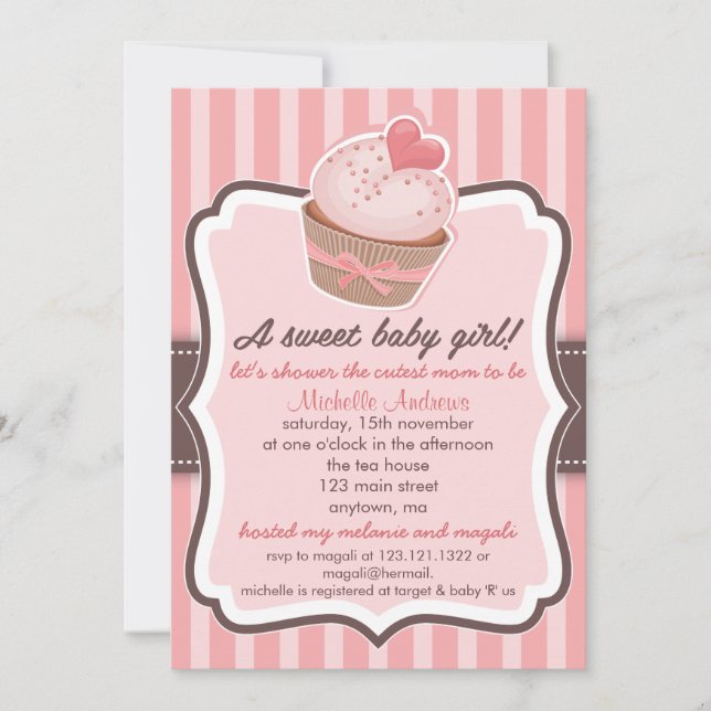 Invitación Rosa dulce de la magdalena de Baby Shower del (Anverso)