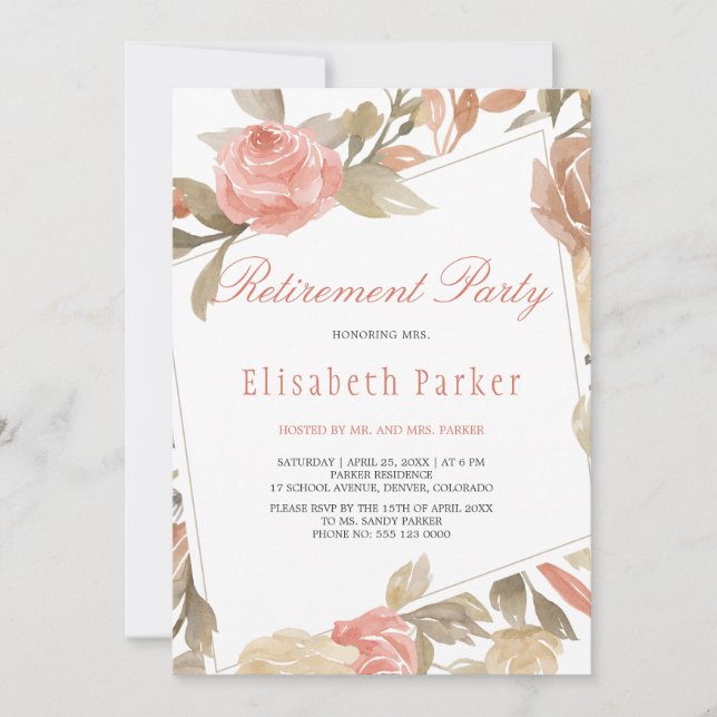 Invitación Rosa Duste Peach Cream Floral Retirement Fiesta (Anverso)