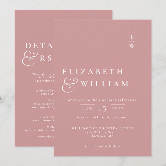 Invitación Rosa Dusto En Un Boda Moderno De Monograma (Anverso / Reverso)
