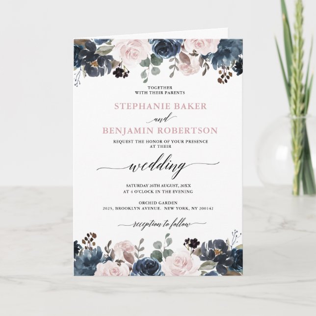 Invitación Rosa Dusty Blue Mauve Boda Floral de pizarra rosa (Anverso)