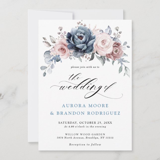 Invitación Rosa Dusty Blue Mauve Boda Floral de pizarra rosa (Anverso)