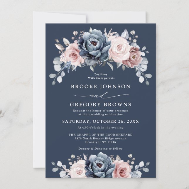 Invitación Rosa Dusty Blue Mauve Boda Floral de pizarra rosa  (Anverso)