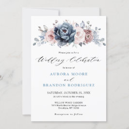 Invitación Rosa Dusty Blue Mauve Boda Floral de pizarra rosa