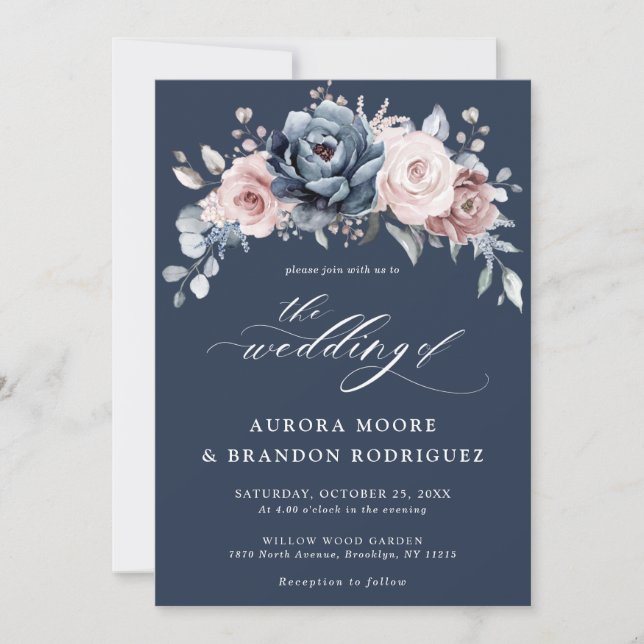 Invitación Rosa Dusty Blue Mauve Boda Floral de pizarra rosa (Anverso)